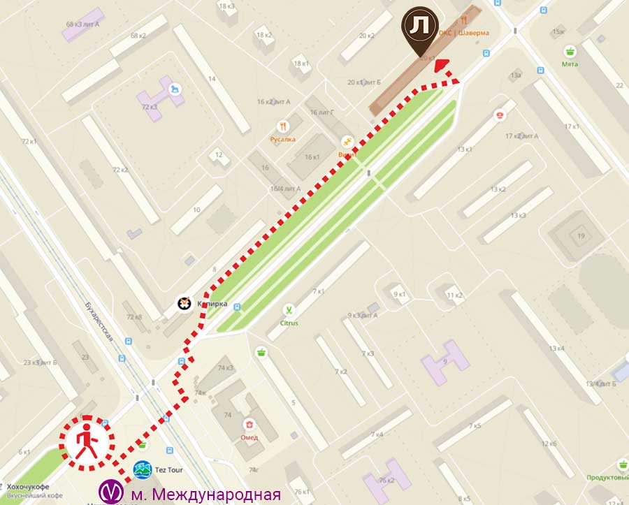 Багетная мастерская Ленбагет, схема проезда, Международная